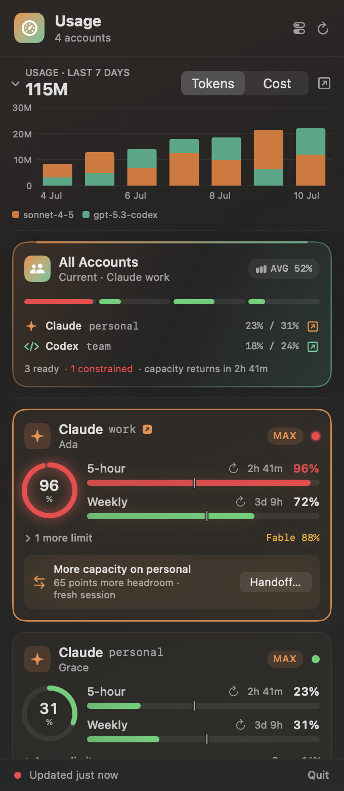Claudex menu-bar panel showing a capacity handoff recommendation