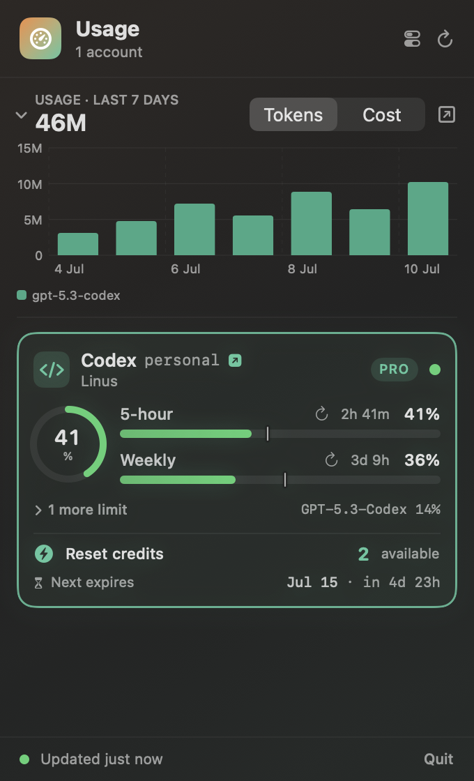 Claudex menu-bar panel showing one Codex account usage card