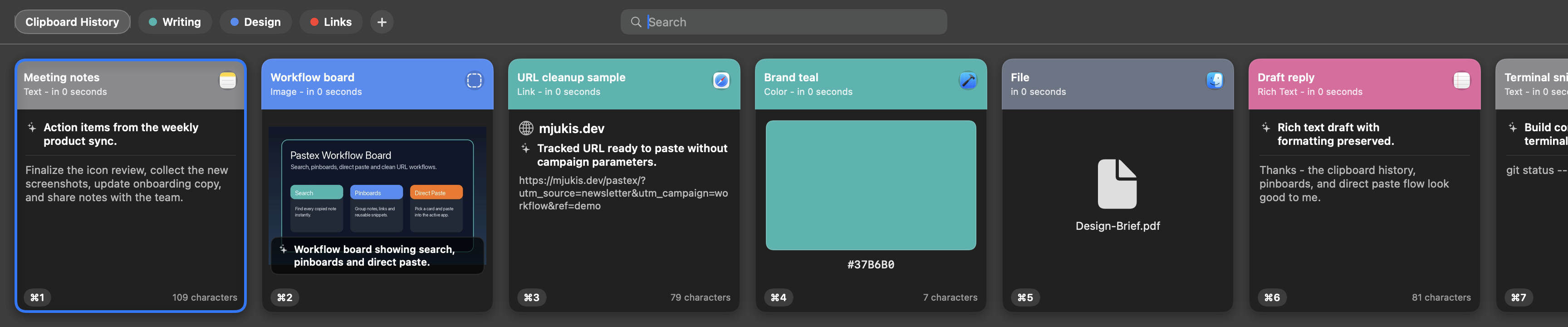 Pastex clipboard history panel with searchable cards and pinboard tabs