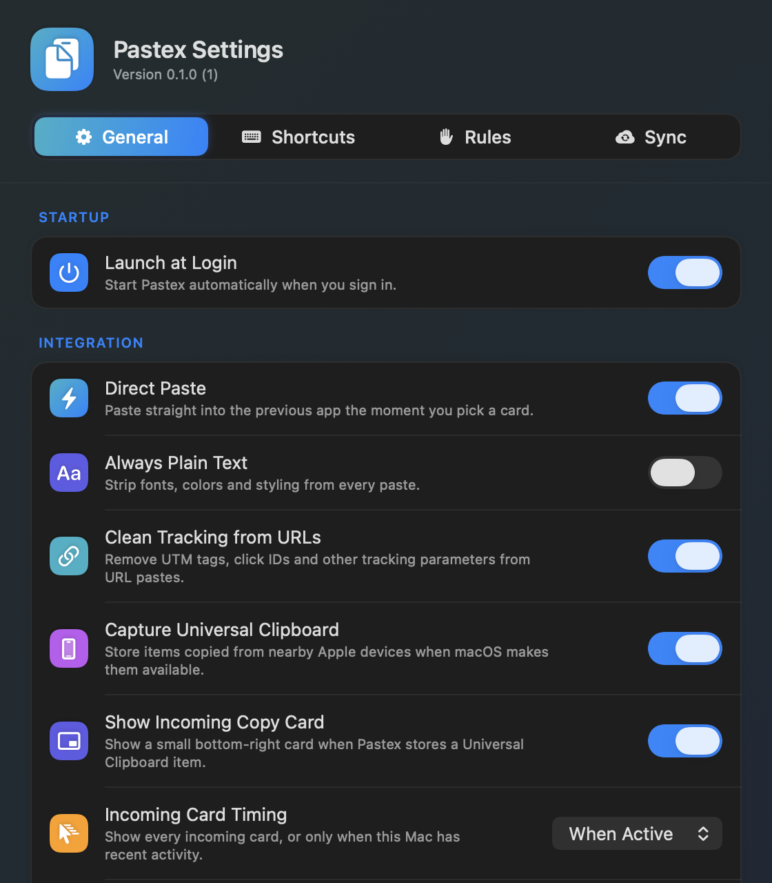 Pastex Settings General tab with startup and direct paste options