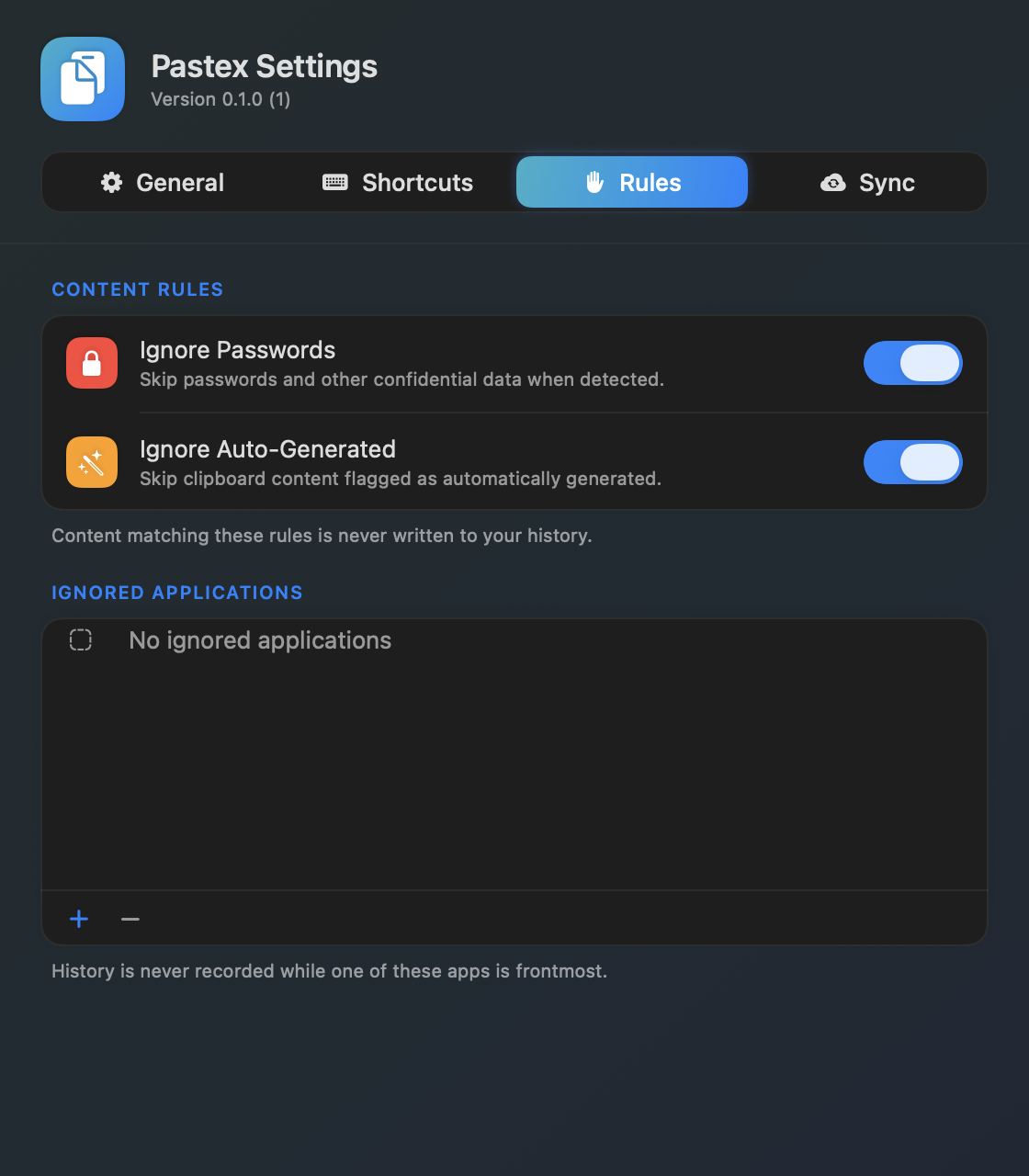 Pastex Settings Rules tab with content rules and ignored applications
