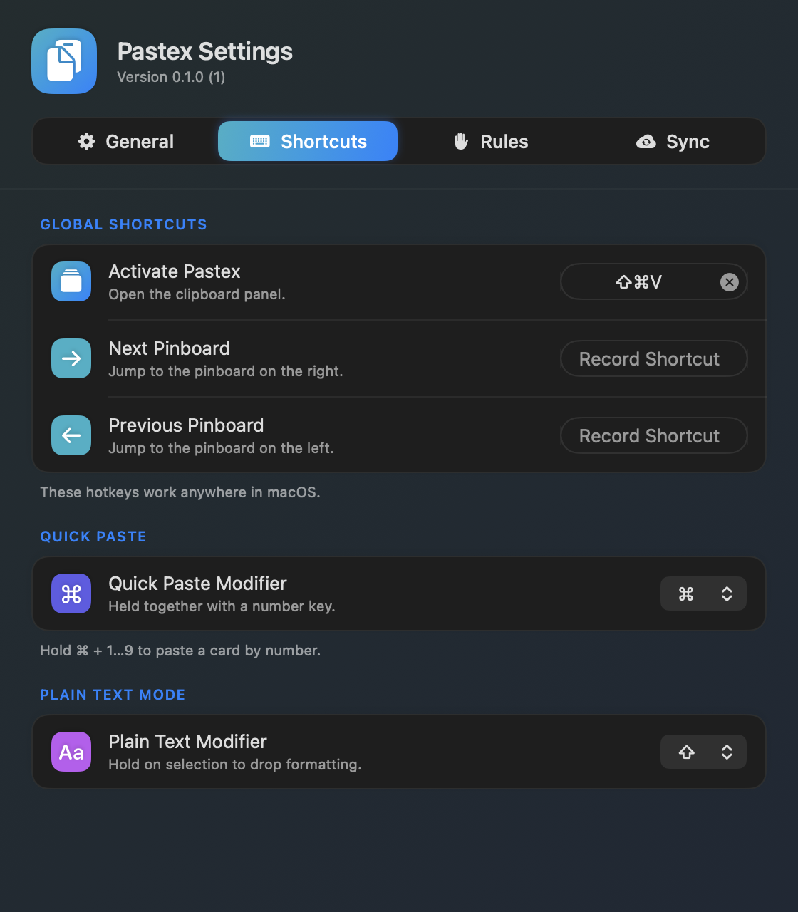 Pastex Settings Shortcuts tab with global shortcuts and modifiers