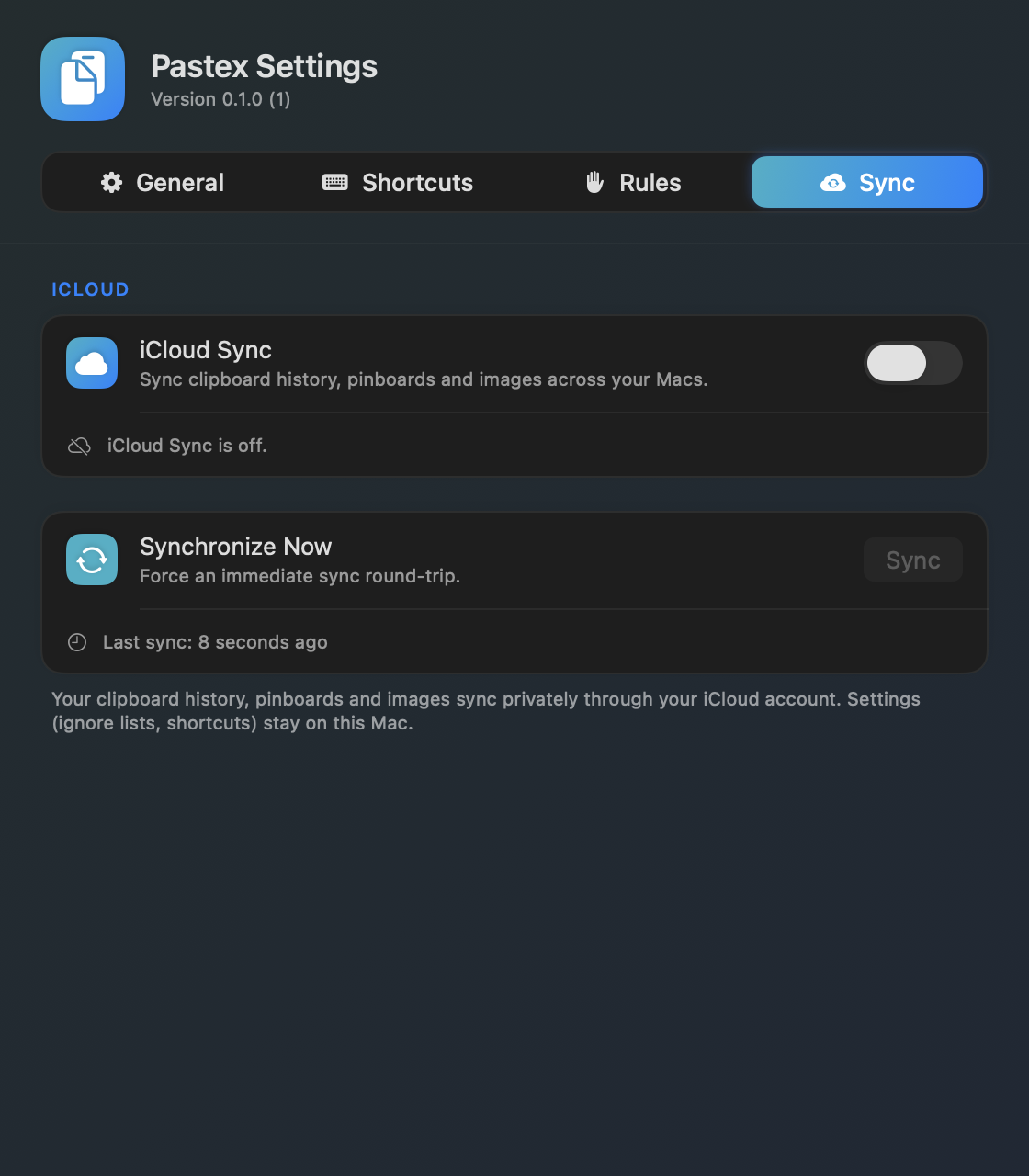 Pastex Settings Sync tab with iCloud sync controls