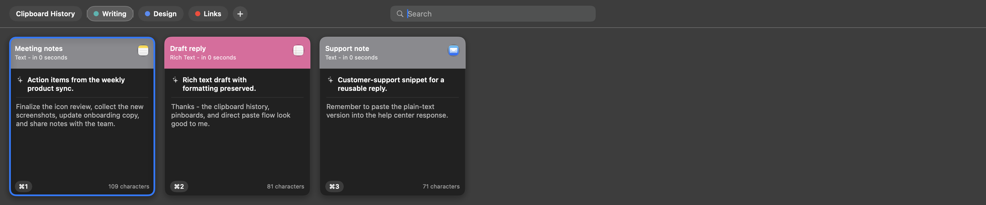 Pastex writing pinboard showing selected reusable text cards