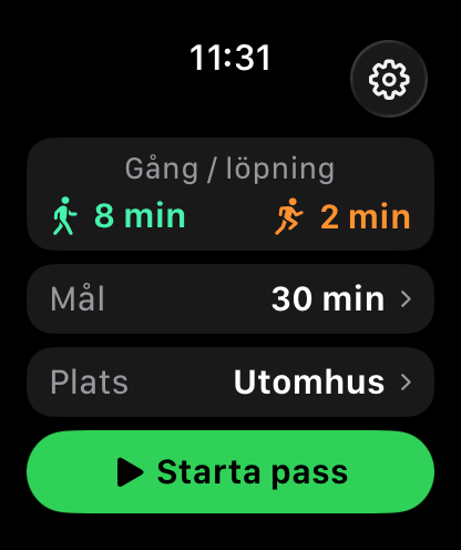 Stegvis setup with eight minutes walking, two minutes running, and a thirty-minute outdoor goal