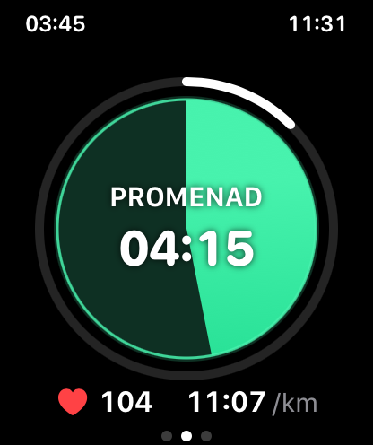 Stegvis walking interval with a green timer and four minutes fifteen seconds remaining