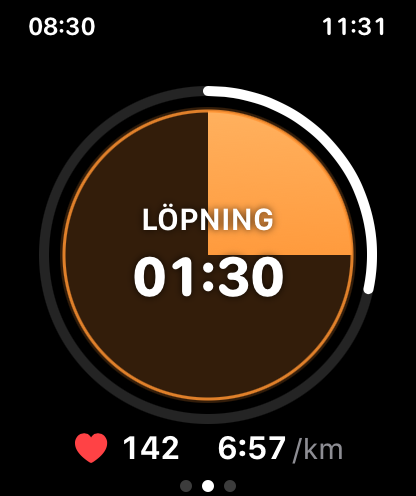 Stegvis running interval with an orange timer and one minute thirty seconds remaining