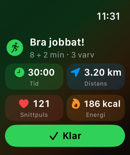Stegvis summary showing duration, distance, average heart rate, and energy