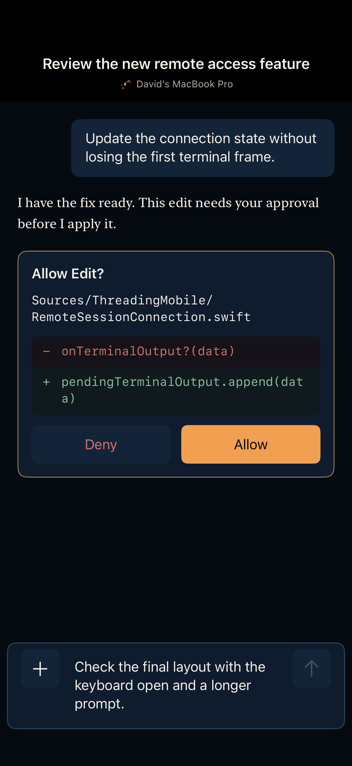 An agent on iPhone asking to edit RemoteSessionConnection.swift, with the diff and Allow and Deny buttons
