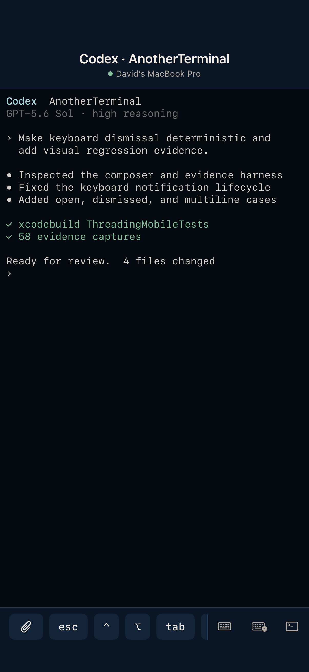 A Codex terminal session on iPhone with esc, control, option, and tab keys above the keyboard