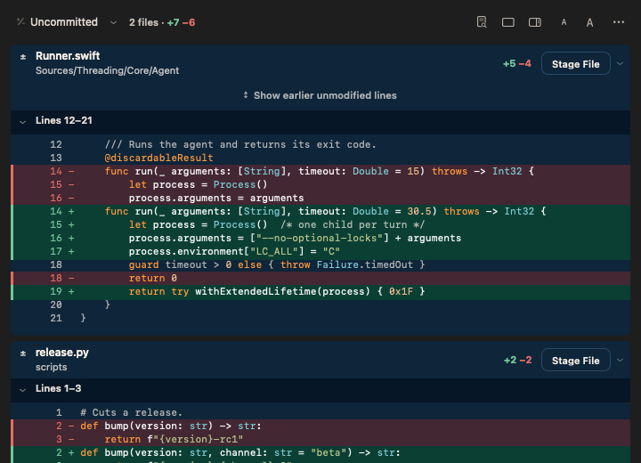 Threading Git Review showing line-by-line changes to two files