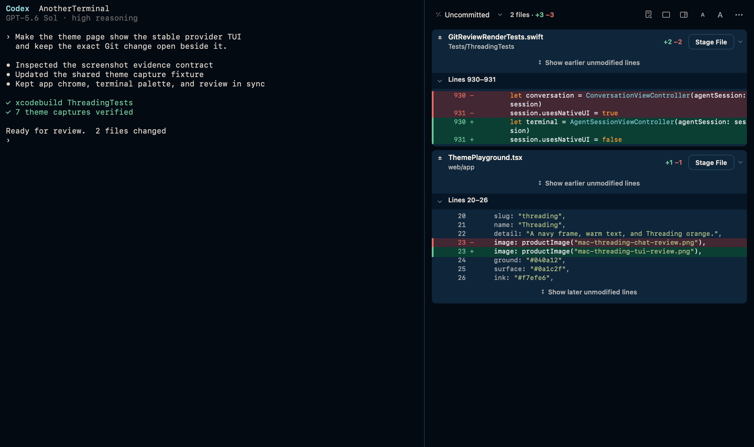 Threading on a Mac with a Codex session on the left and the diff of the two files it changed on the right
